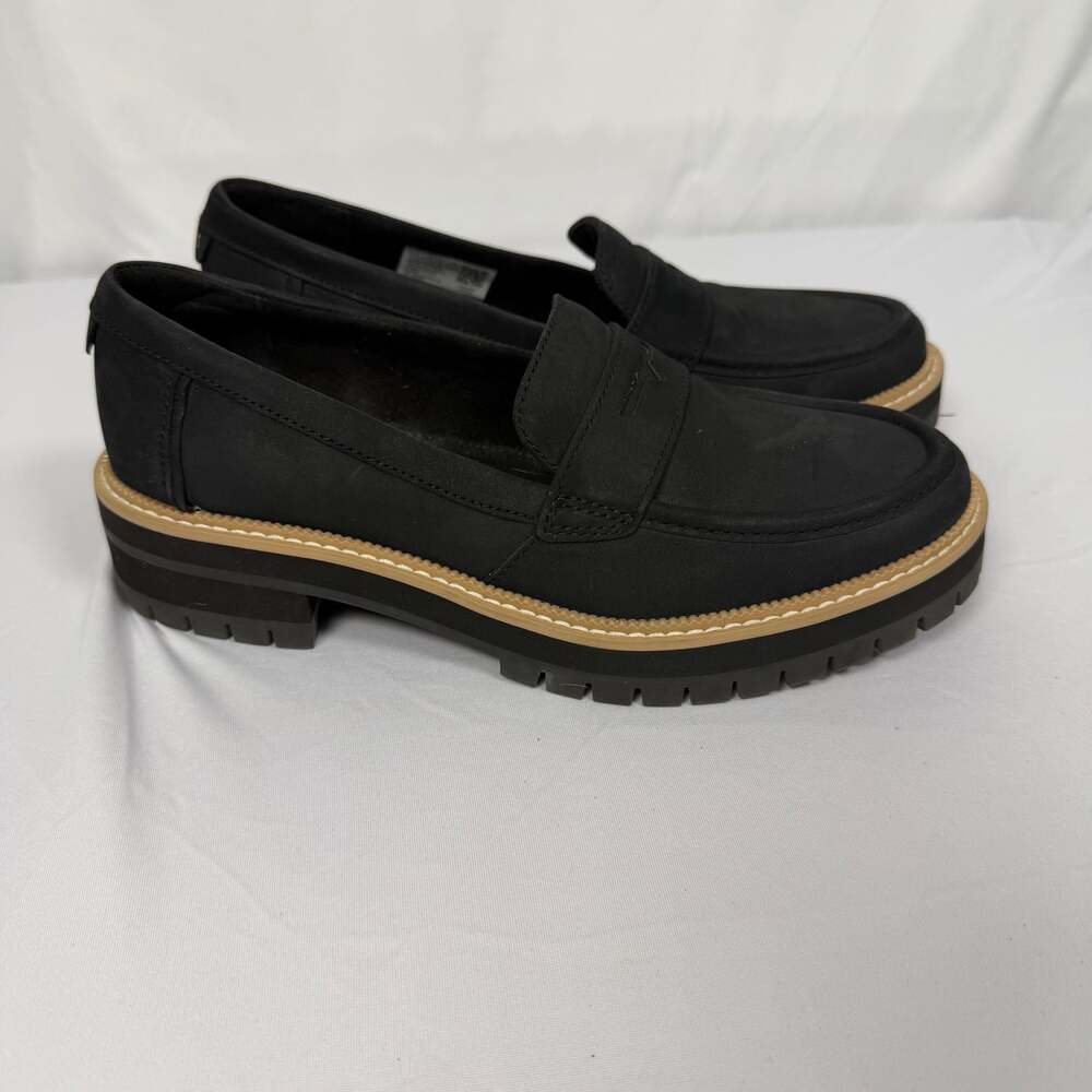 TOMS Women's Cara Lug Sole Penny Loafer Black Leather Size 7.5 - Picture 1 of 5
